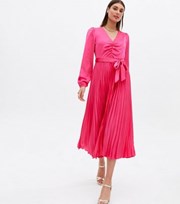 New Look Bright Pink Satin Ruched Pleated Belted Midi Dress